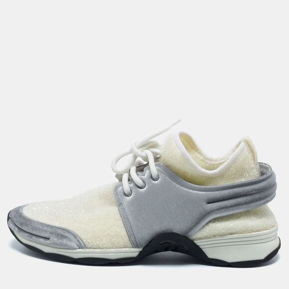 Chanel White/Grey Stretch Fabric and Corduroy CC Sneakers Size 40.5 - Picture 1 of 4